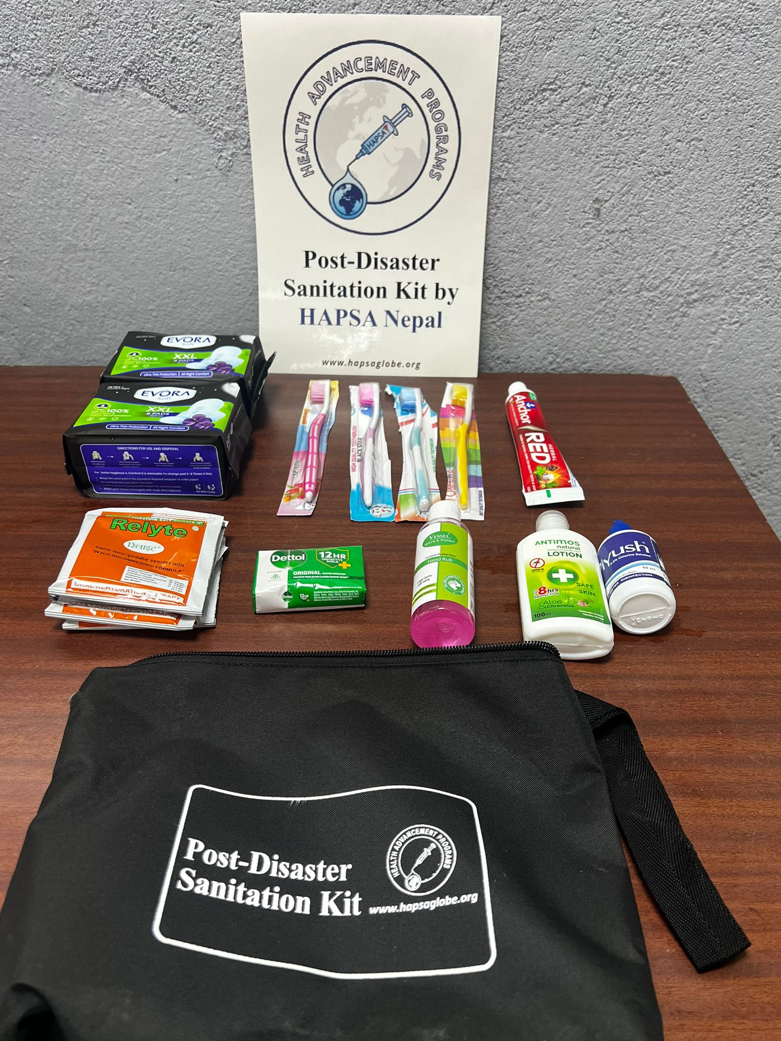 The contents of a HAPSA post-disaster sanitation kit laid out